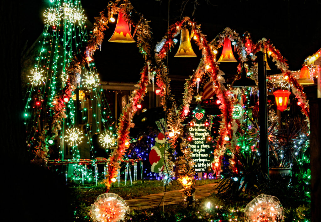 Enjoy meaningful holiday traditions for families by taking a drive to see festive decorations on houses during the season.